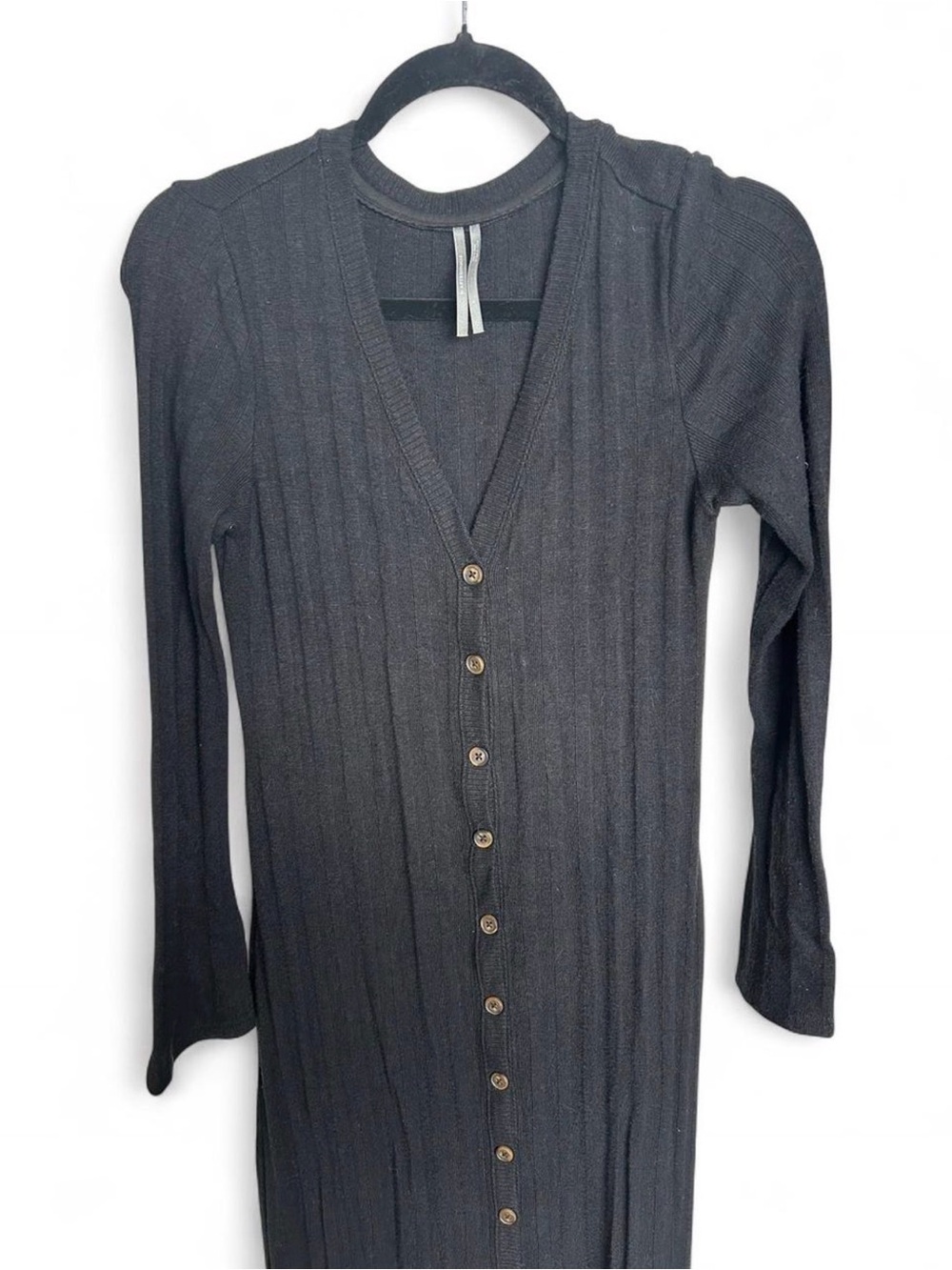 Black Ribbed Button-Front Long Cardigan